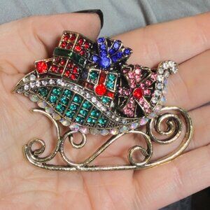 Christmas Sleigh Brooch Rhinestone Presents Holiday Pin 3"